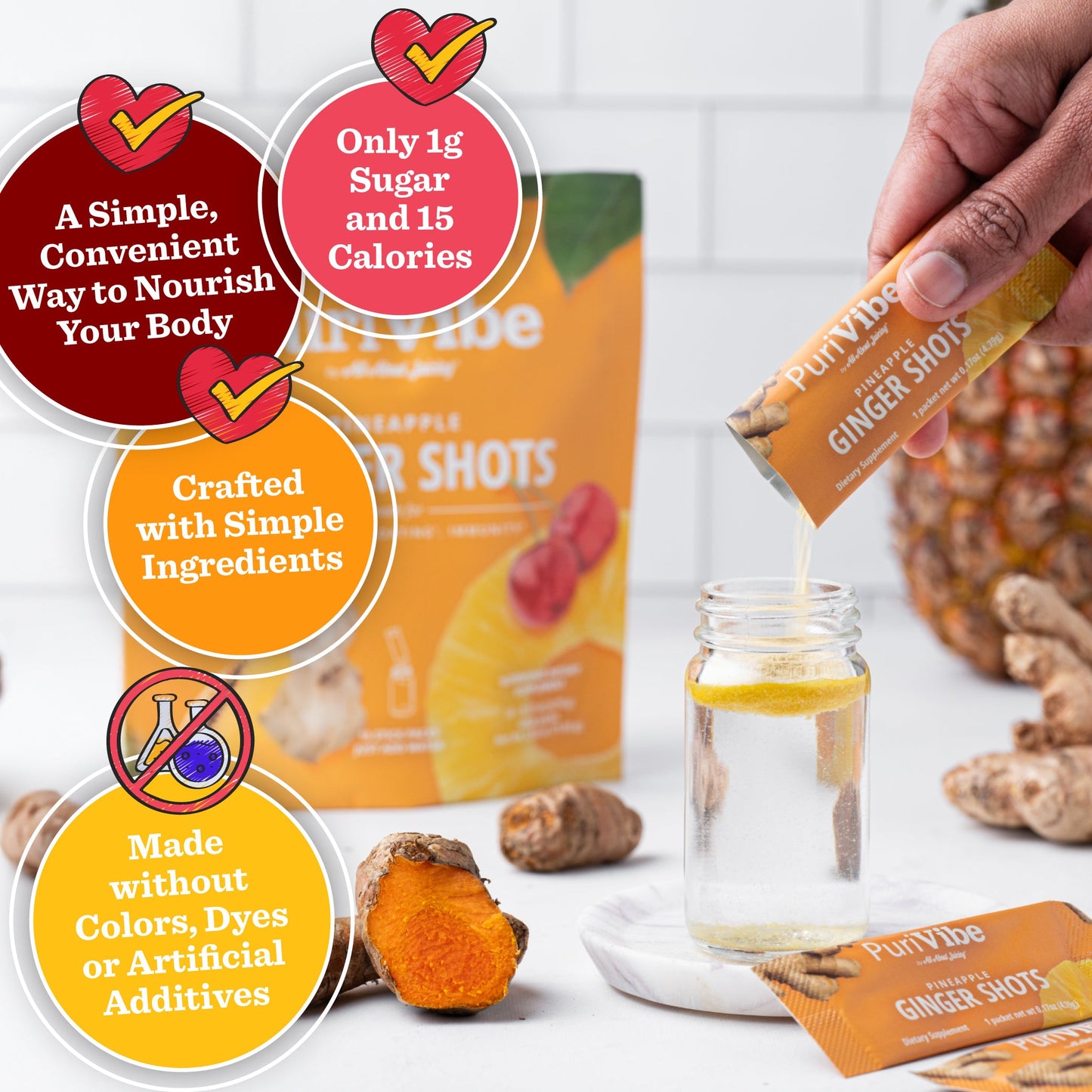 PuriVibe Pineapple Ginger Shot - Superfood Juice Powder, Wellness Shots Supplement - Supports Immunity & Digestion - Stick Packs