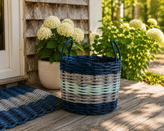 Navy Blue, Gray & Seafoam Five Stripe Rope Basket