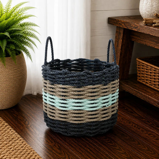 Navy Blue, Tan & Seafoam Five Stripe Rope Basket