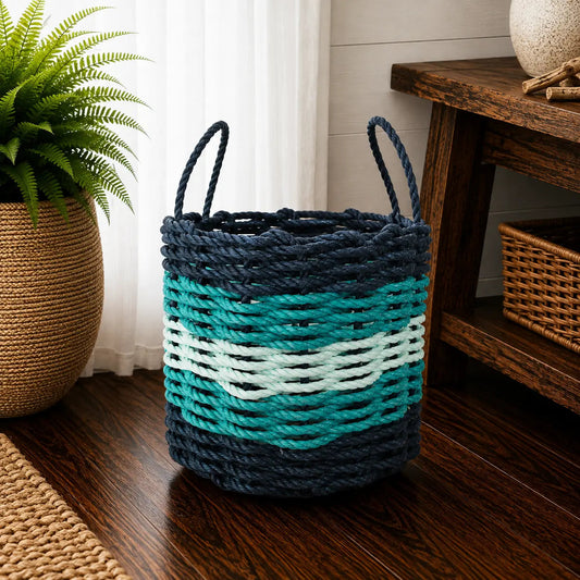 Navy Blue, Teal & Seafoam Five Stripe Rope Basket