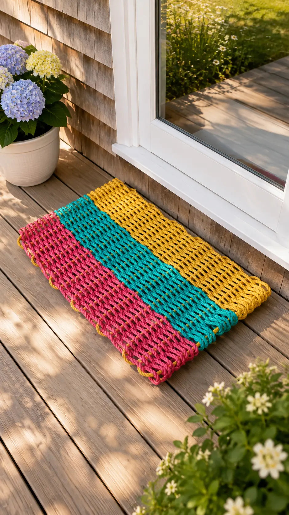 Pink, Teal & Yellow 3-Stripe Lobster Rope Doormat