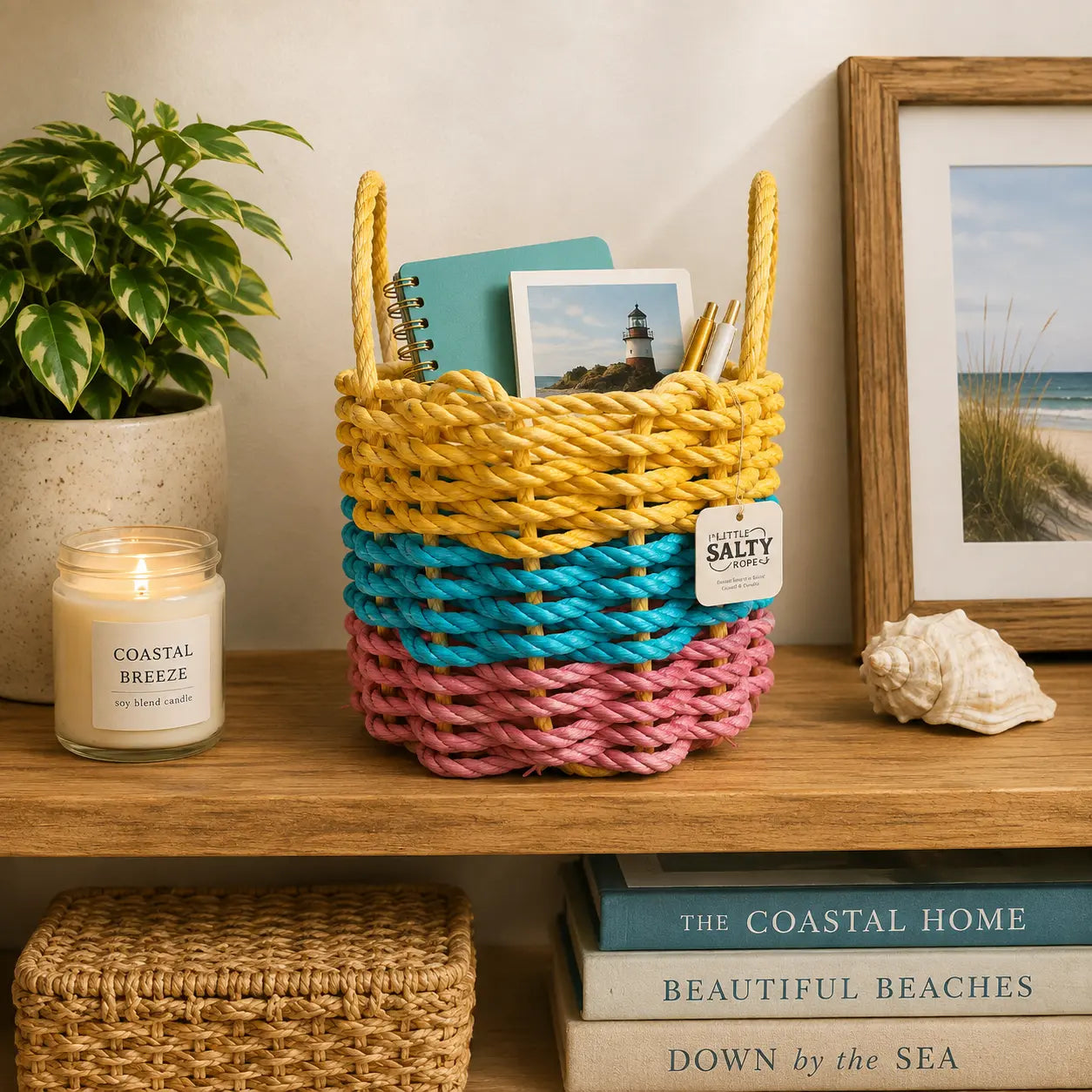 Pink, Teal & Yellow Five Stripe Rope Basket