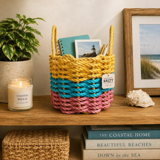 Pink, Teal & Yellow Five Stripe Rope Basket