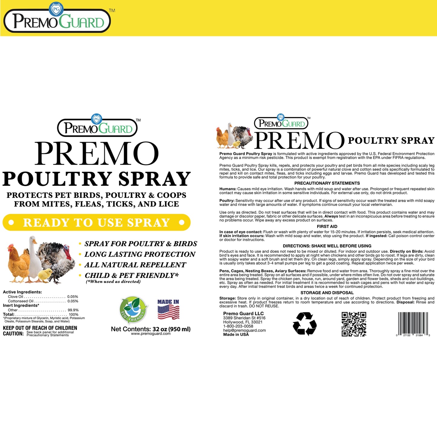 Poultry Spray for Mites | Plant Based Natural Non-Toxic | Premo Guard (C)