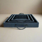 Rosado | Cedar Wood + Leather Ottoman Tray Set with Embroidered Handles