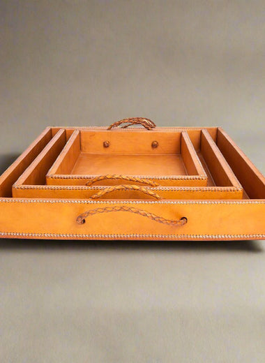 Rosado | Cedar Wood + Leather Ottoman Tray Set with Embroidered Handles