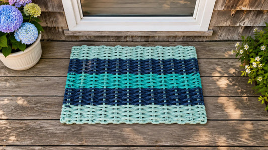 Seafoam, Navy Blue & Teal 5-Stripe Lobster Rope Doormat