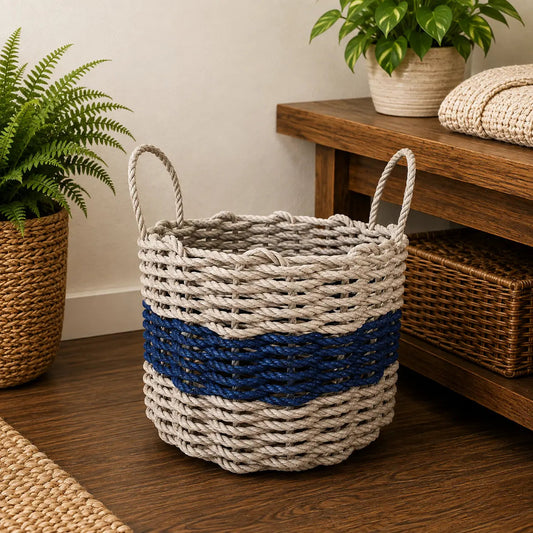 Tan & Navy Blue Rope Basket