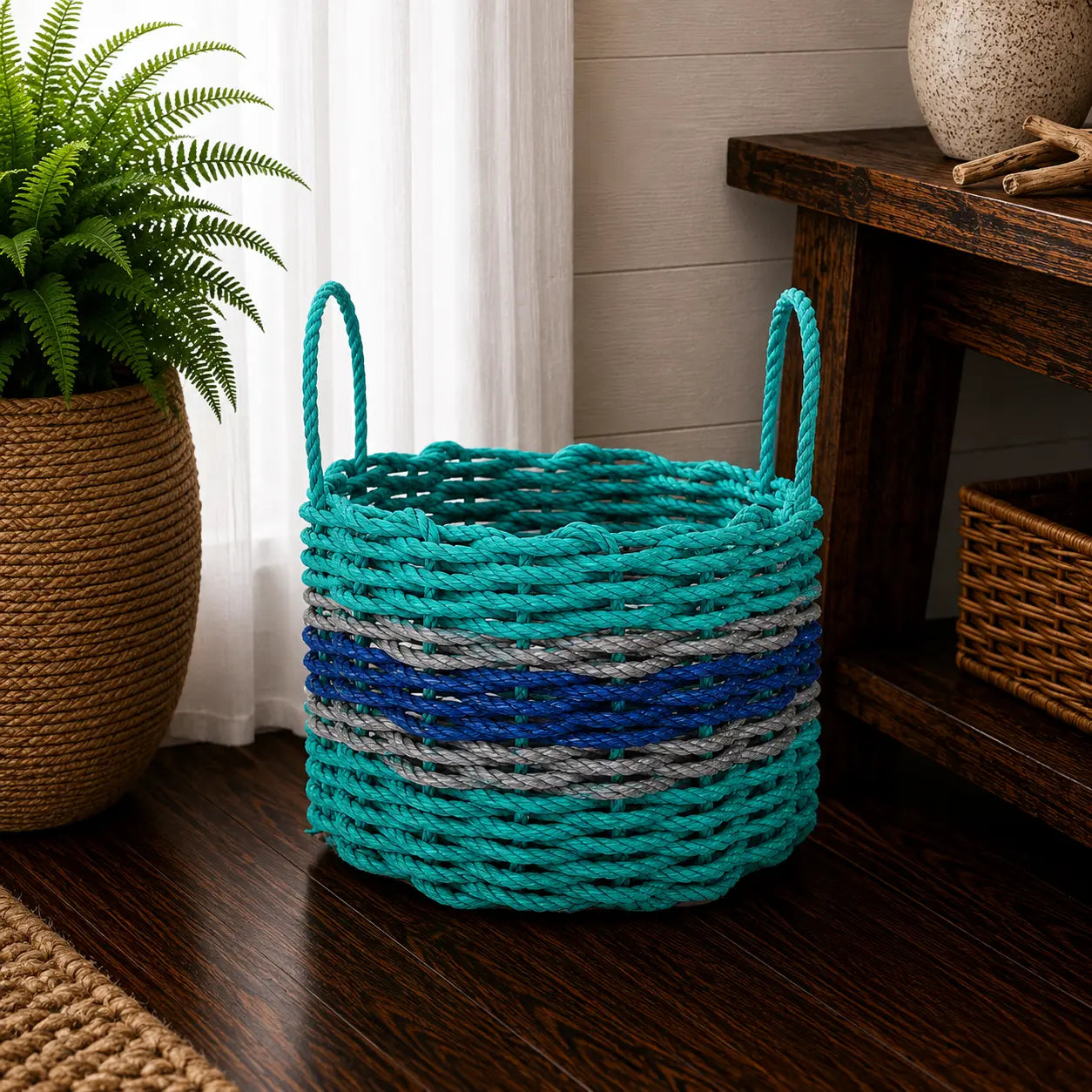 Teal, Blue & Light Gray Accent Rope Basket