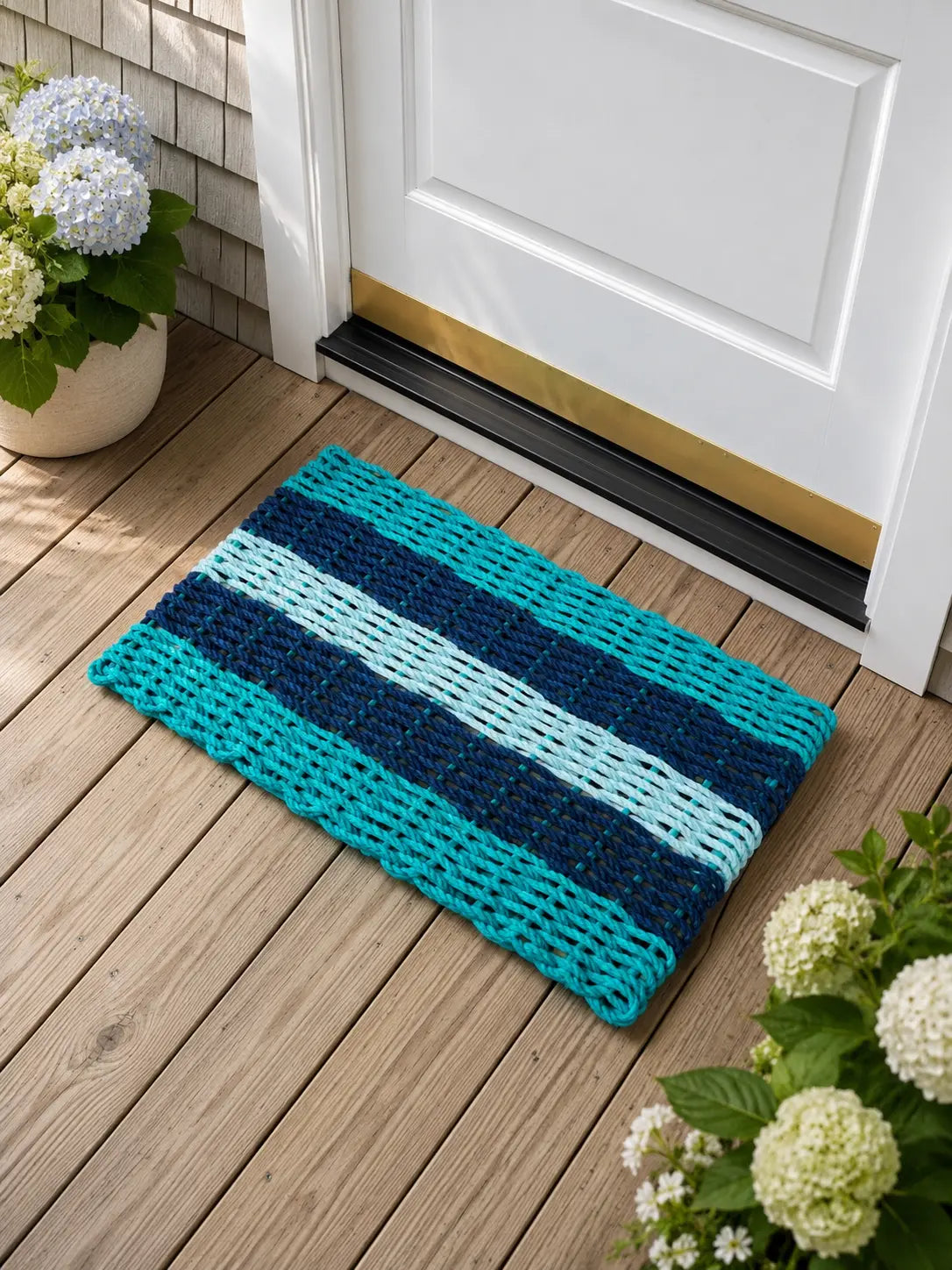 Teal, Navy Blue & Seafoam 5-Stripe Lobster Rope Doormat