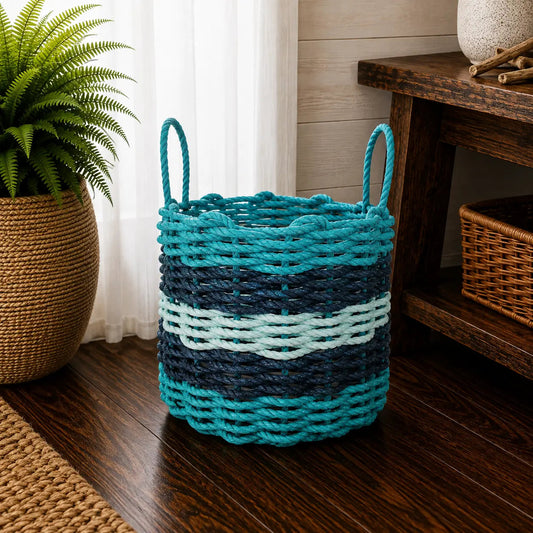 Teal, Navy Blue & Seafoam Five Stripe Rope Basket