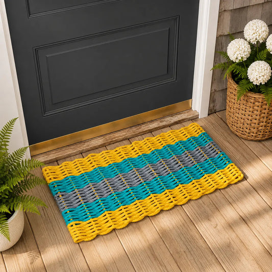 Yellow, Teal & Gray 5-Stripe Lobster Rope Doormat