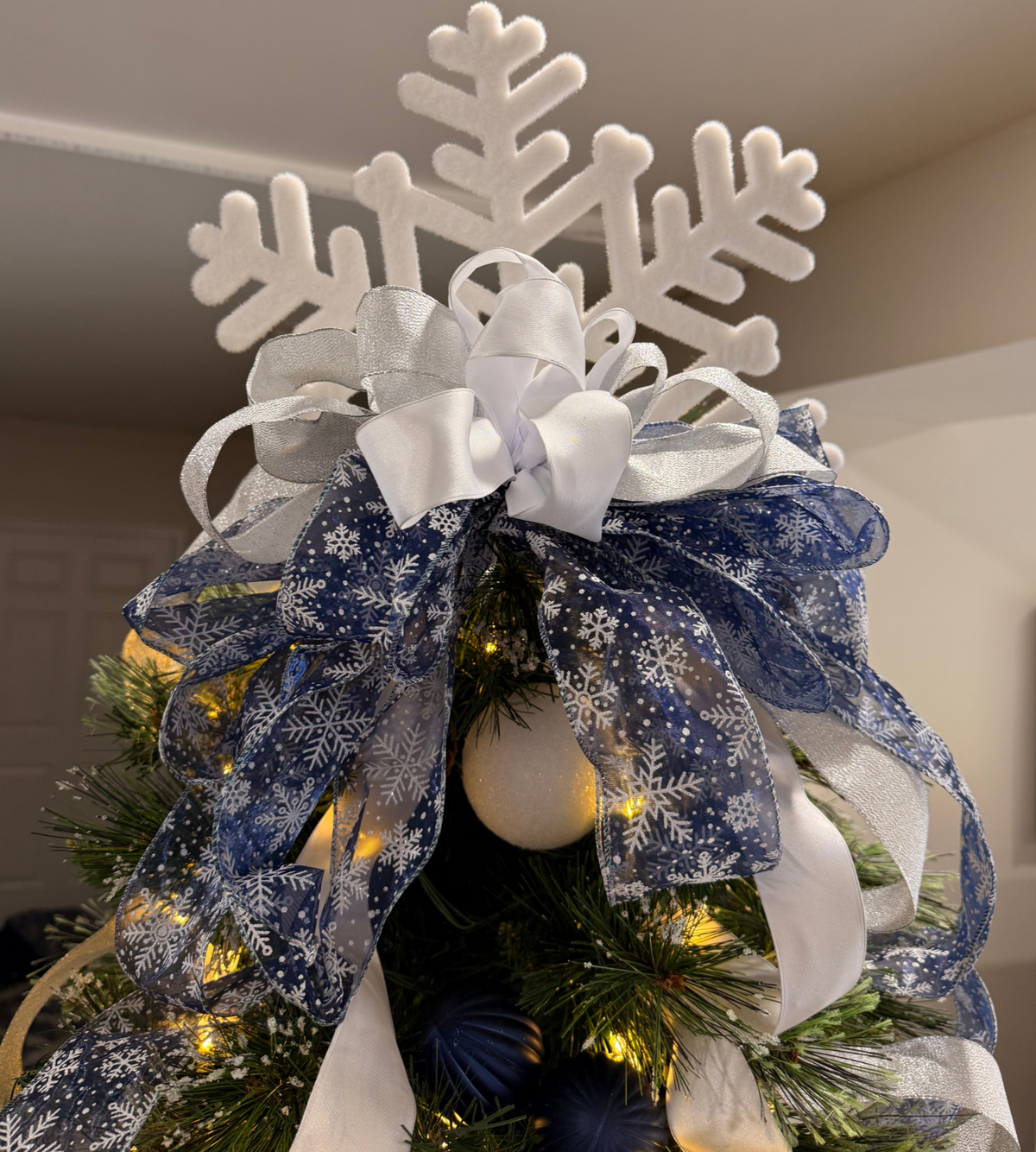 Snowflake and Blue Ribbon Christmas Tree Topper