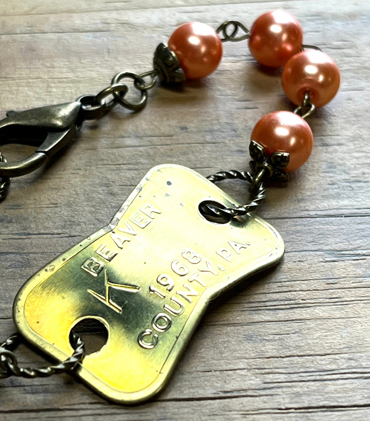 1968 Dog Tag Bracelet with Peach Beads Upcycled Altered Art Assemblage Jewelry