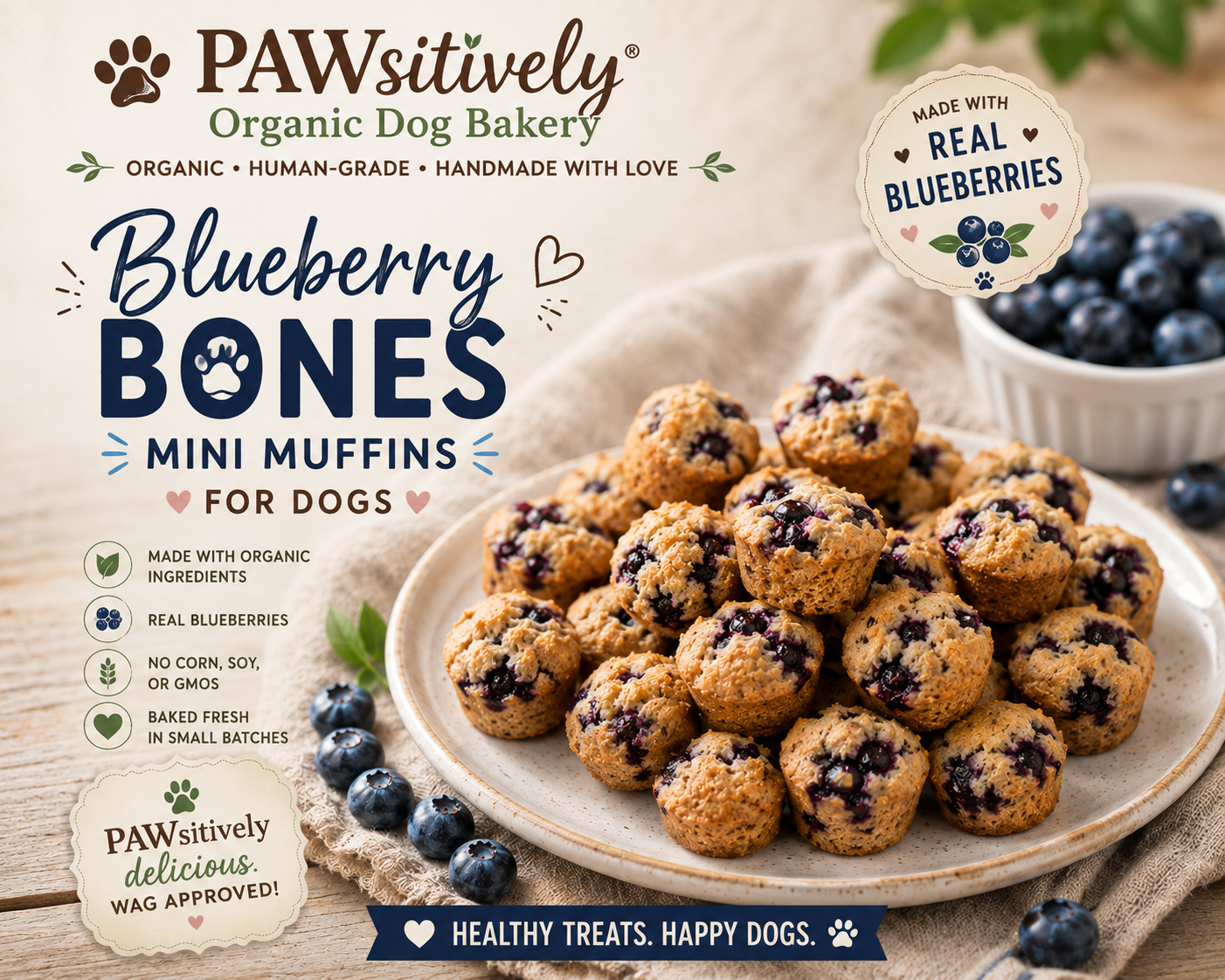 Blueberry Mini Muffins for Dogs | Organic Soft-Baked Dog Treats