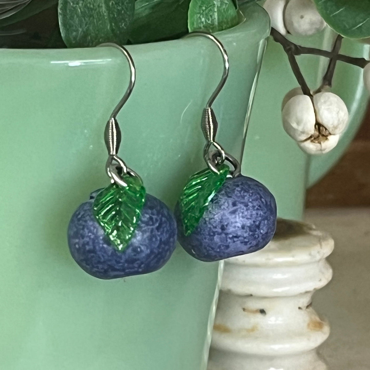 Blueberry Earrings with Leaf Beads