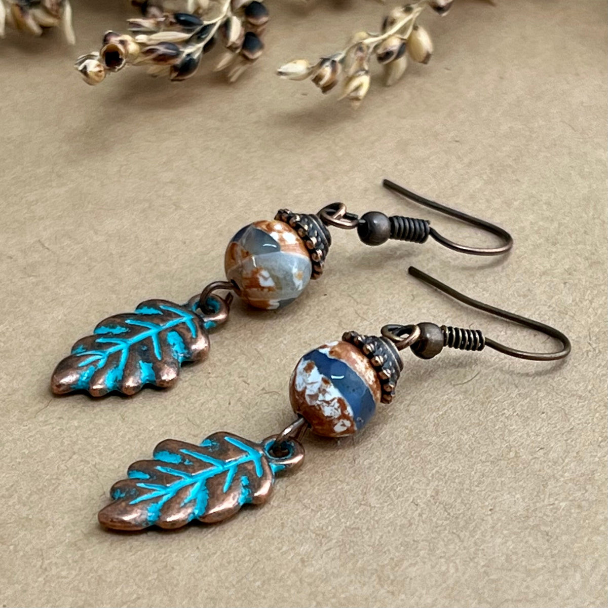 Copper Leaf Earrings with Blue Patina & Agate Bead