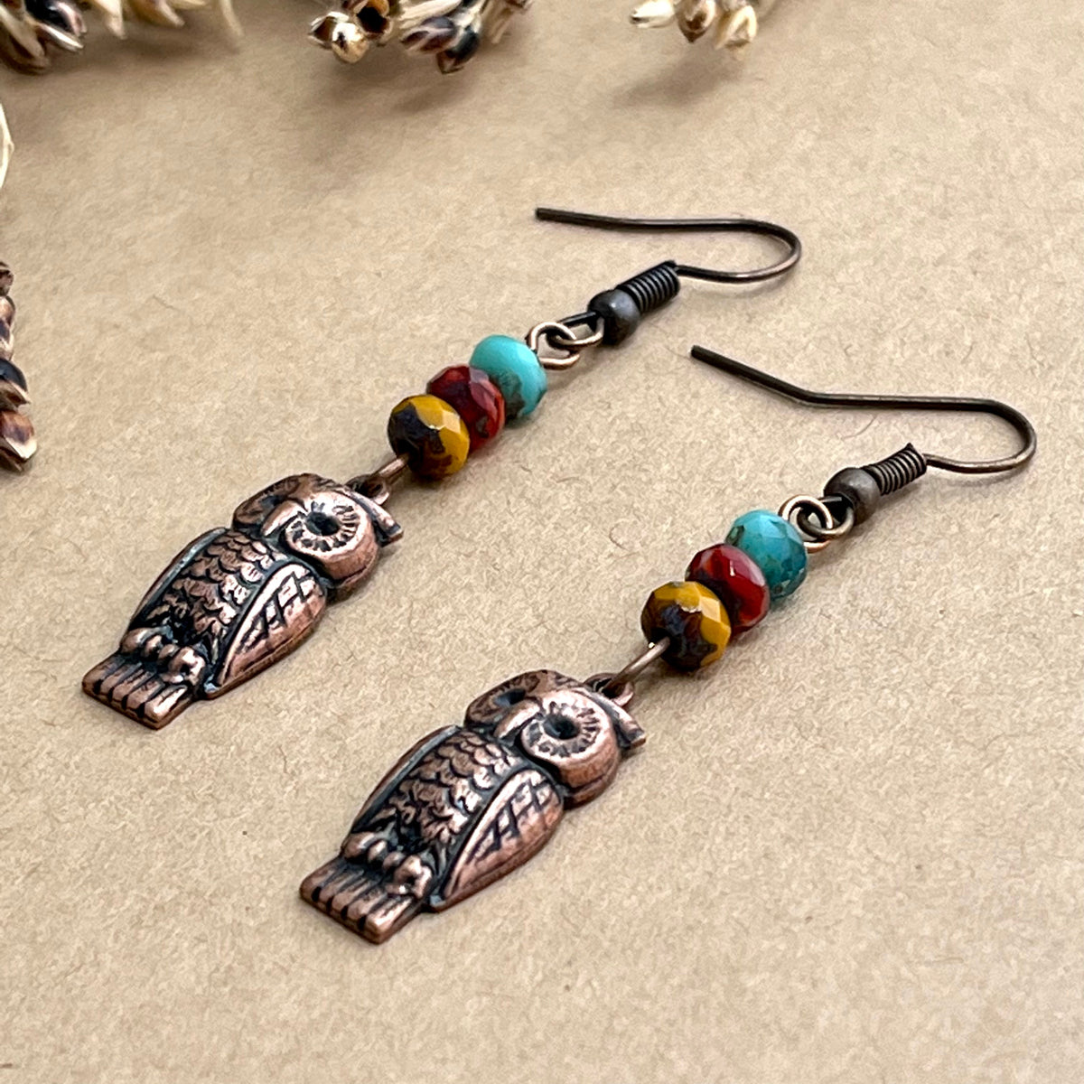 Copper Owl Earrings with Glass Bead Stack