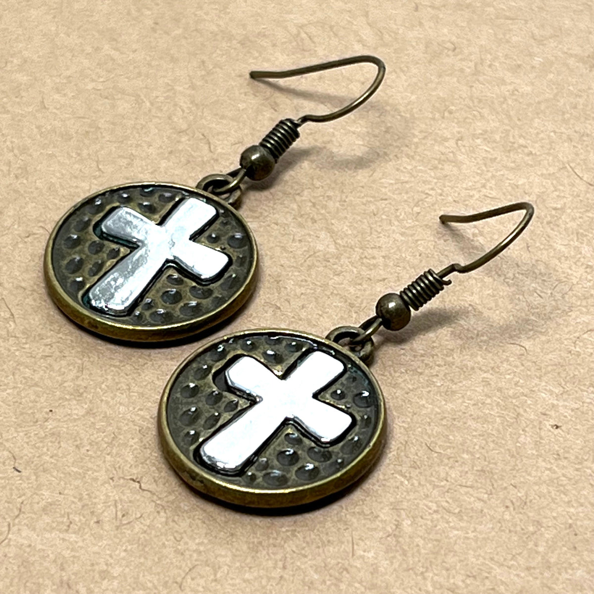 Silver Cross Earrings on Brass Circle