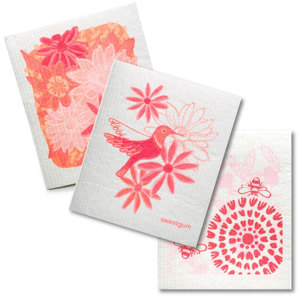 Bundle of 3 Swedish Dishcloths | Pink Flowers & Hummingbird