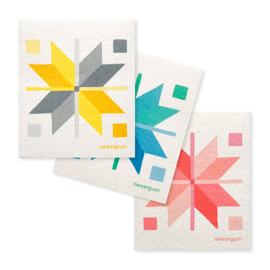 Bundle of 3 Swedish Dishcloths | Quilt Stars Yellow, Blue & Pink