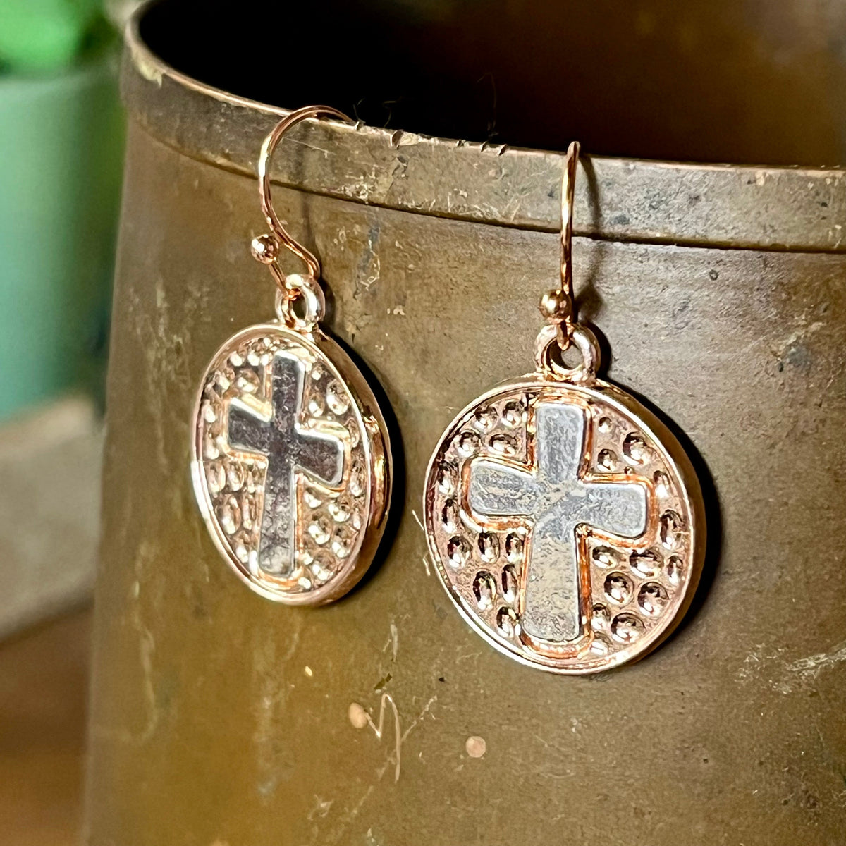 Silver Cross Earrings on Rose Gold Circle