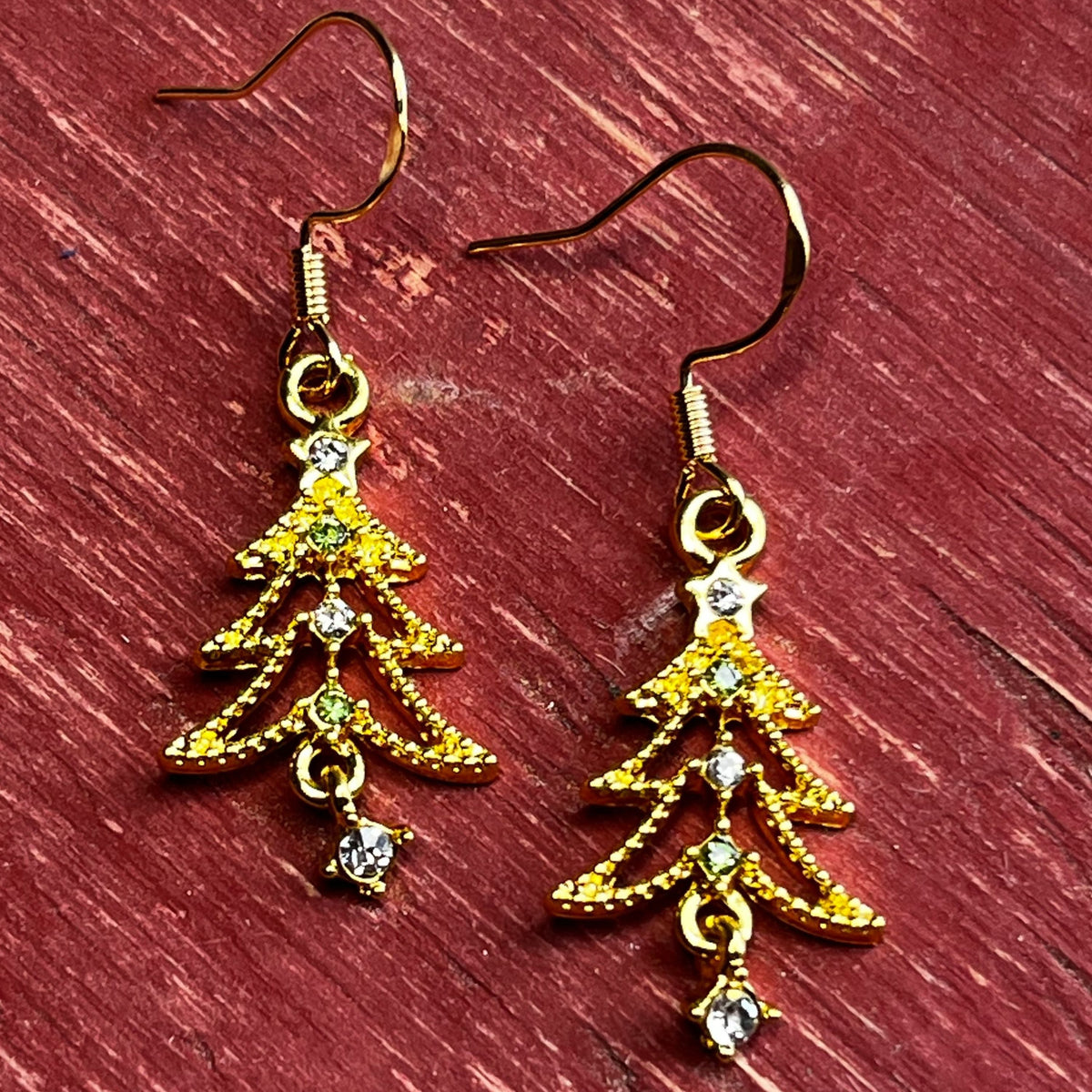 Elegant Gold Rhinestone Christmas Tree Earrings