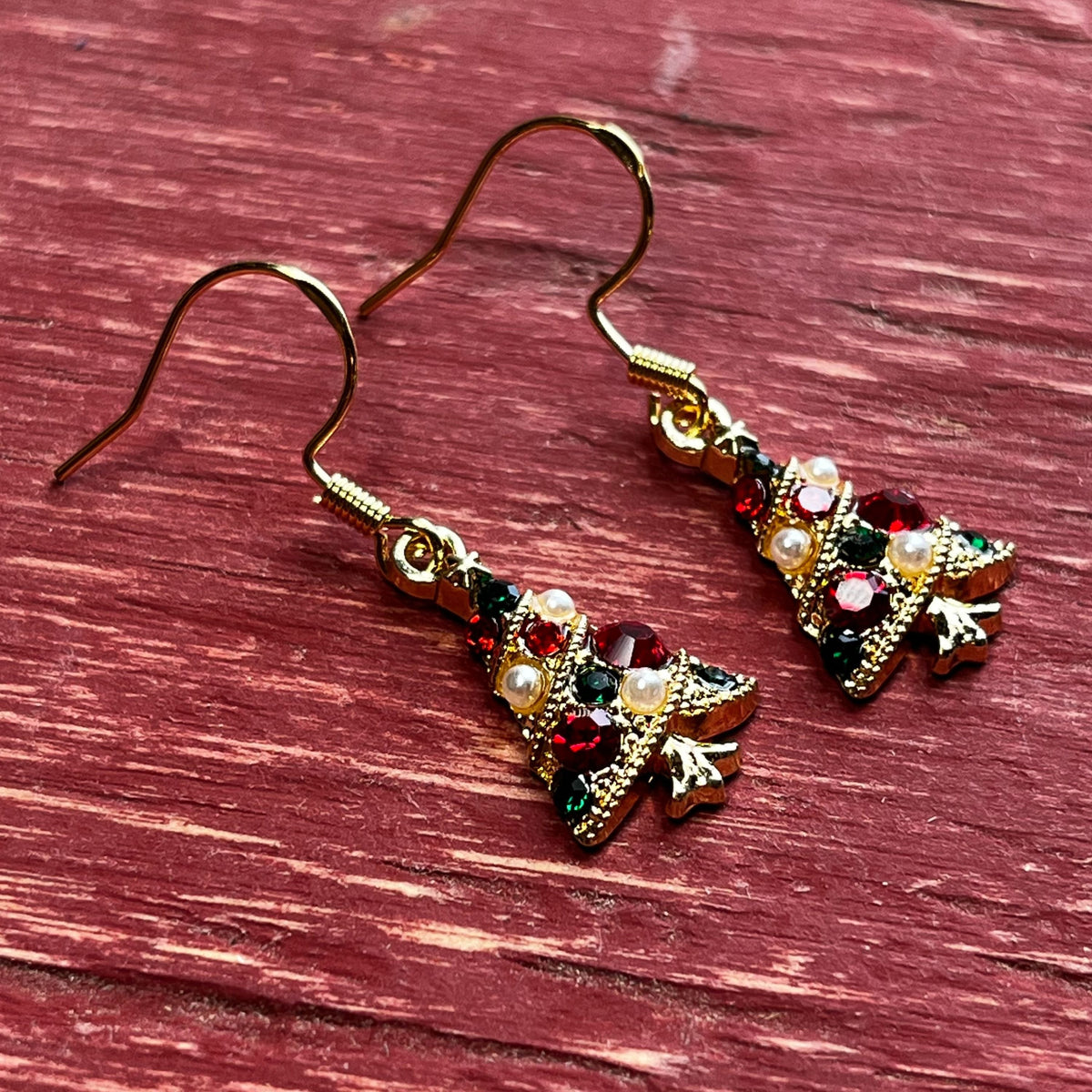 Vintage Style Christmas Tree Earrings – Rhinestones & Pearls