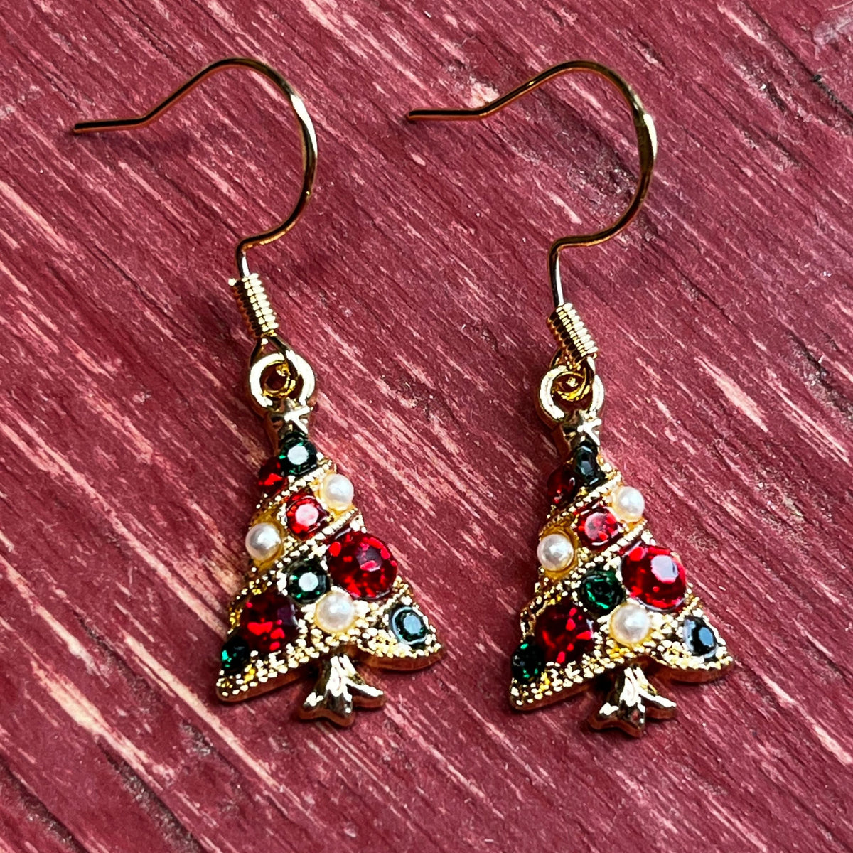 Vintage Style Christmas Tree Earrings – Rhinestones & Pearls