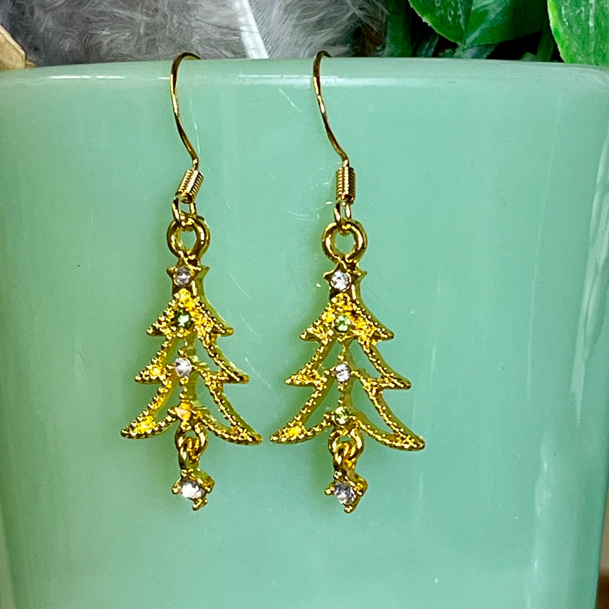 Elegant Gold Rhinestone Christmas Tree Earrings