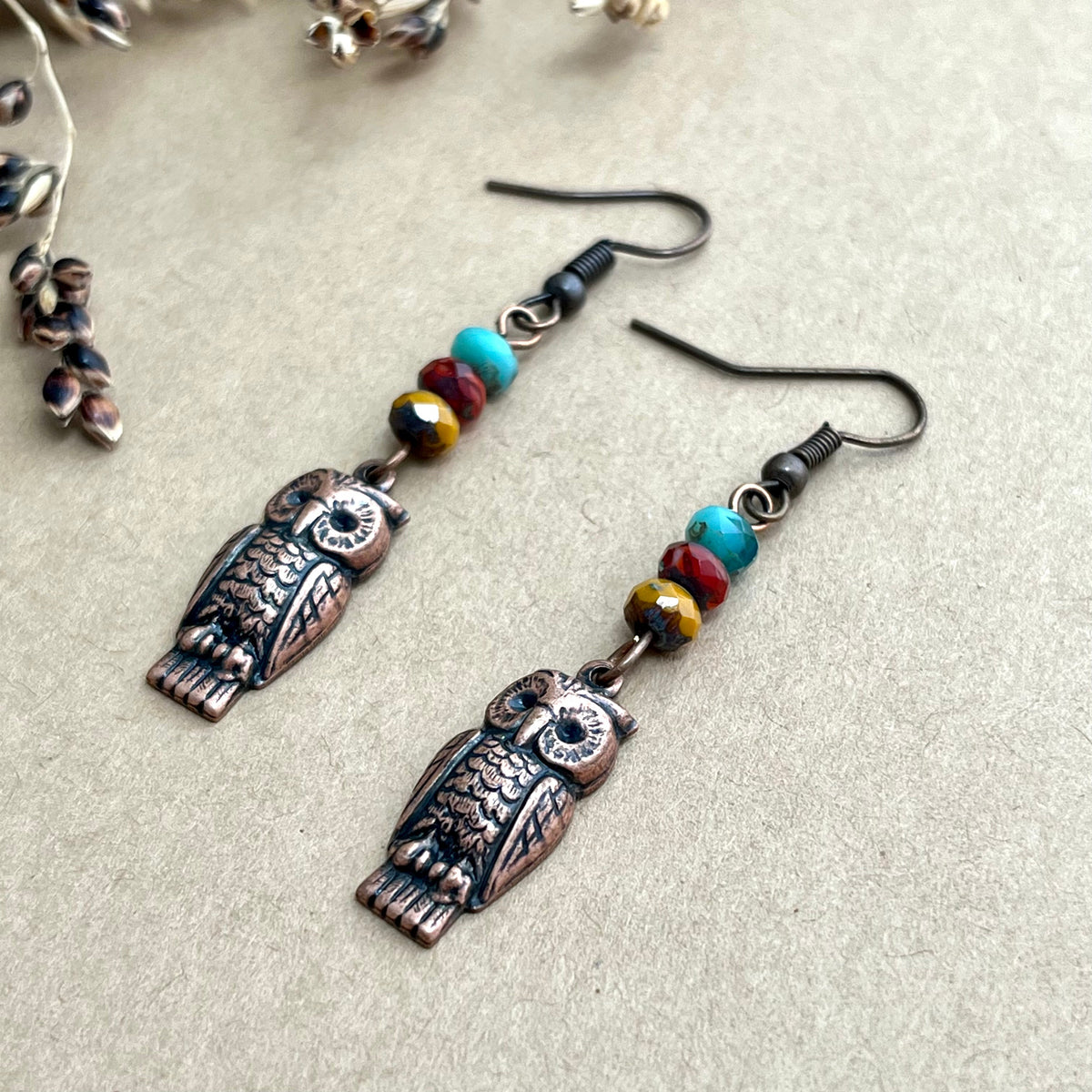 Copper Owl Earrings with Glass Bead Stack