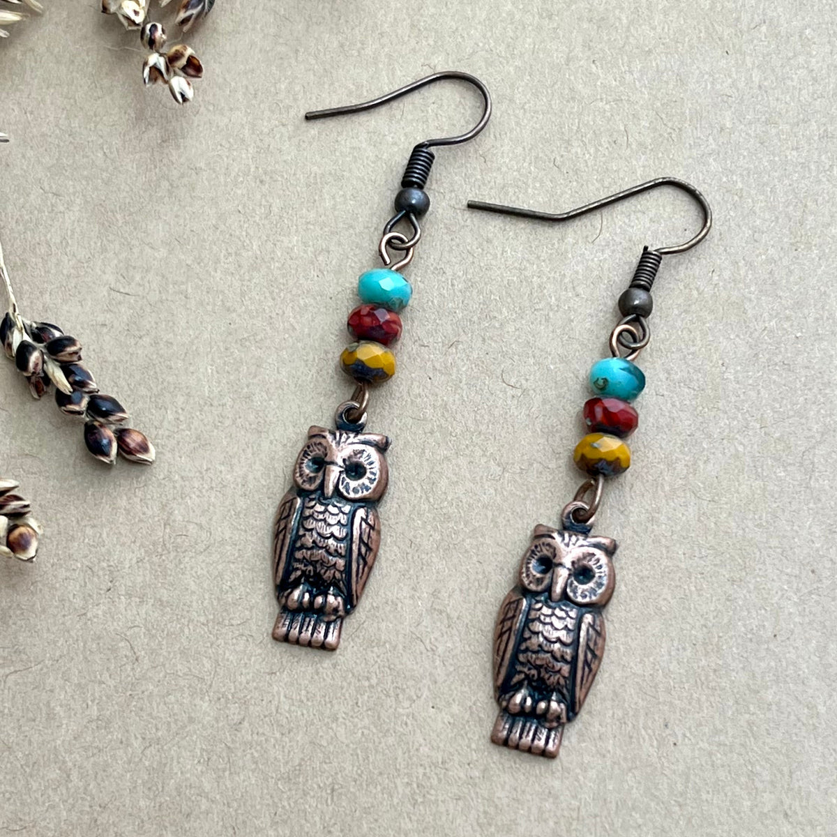 Copper Owl Earrings with Glass Bead Stack