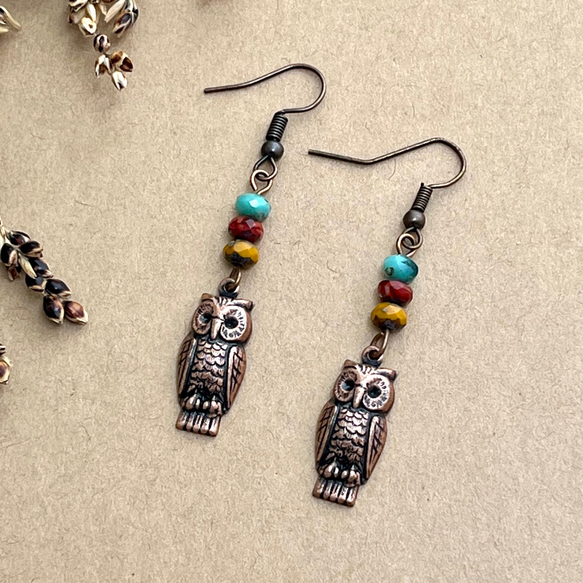 Copper Owl Earrings with Glass Bead Stack