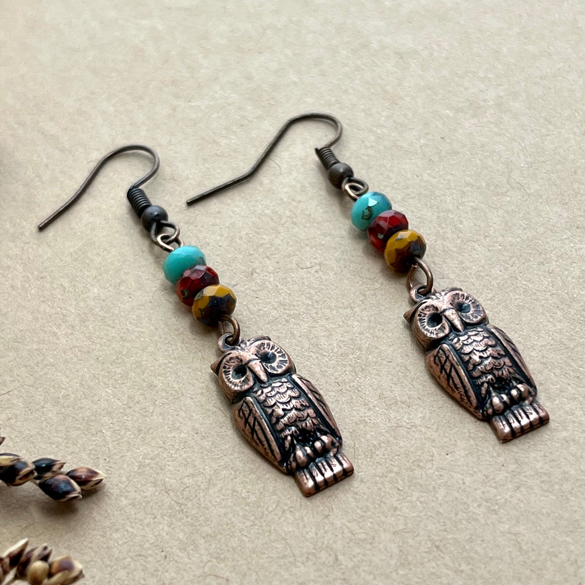 Copper Owl Earrings with Glass Bead Stack