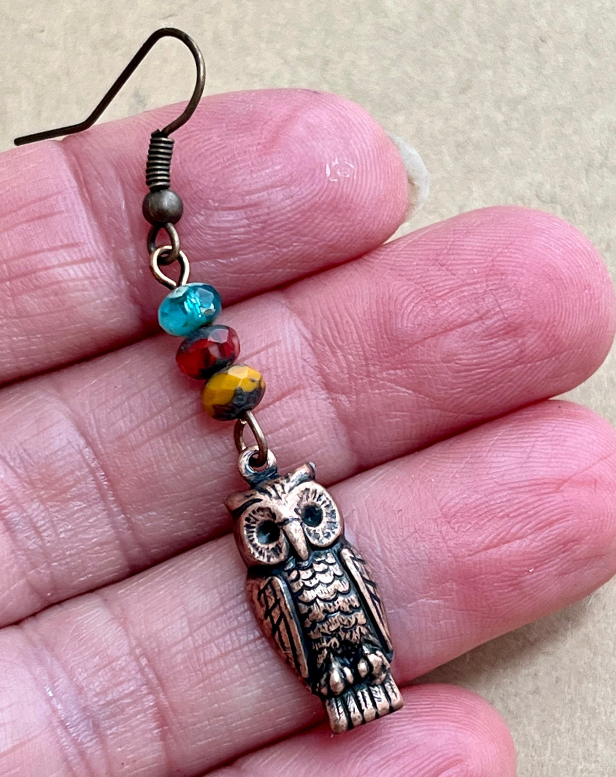 Copper Owl Earrings with Glass Bead Stack