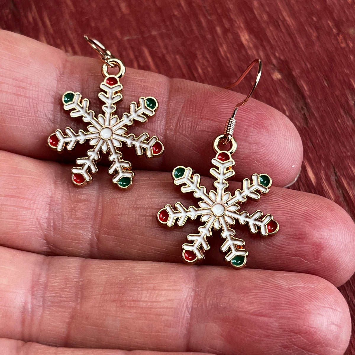 Snowflake Christmas Earrings – Rose Gold with Red & Green Tips