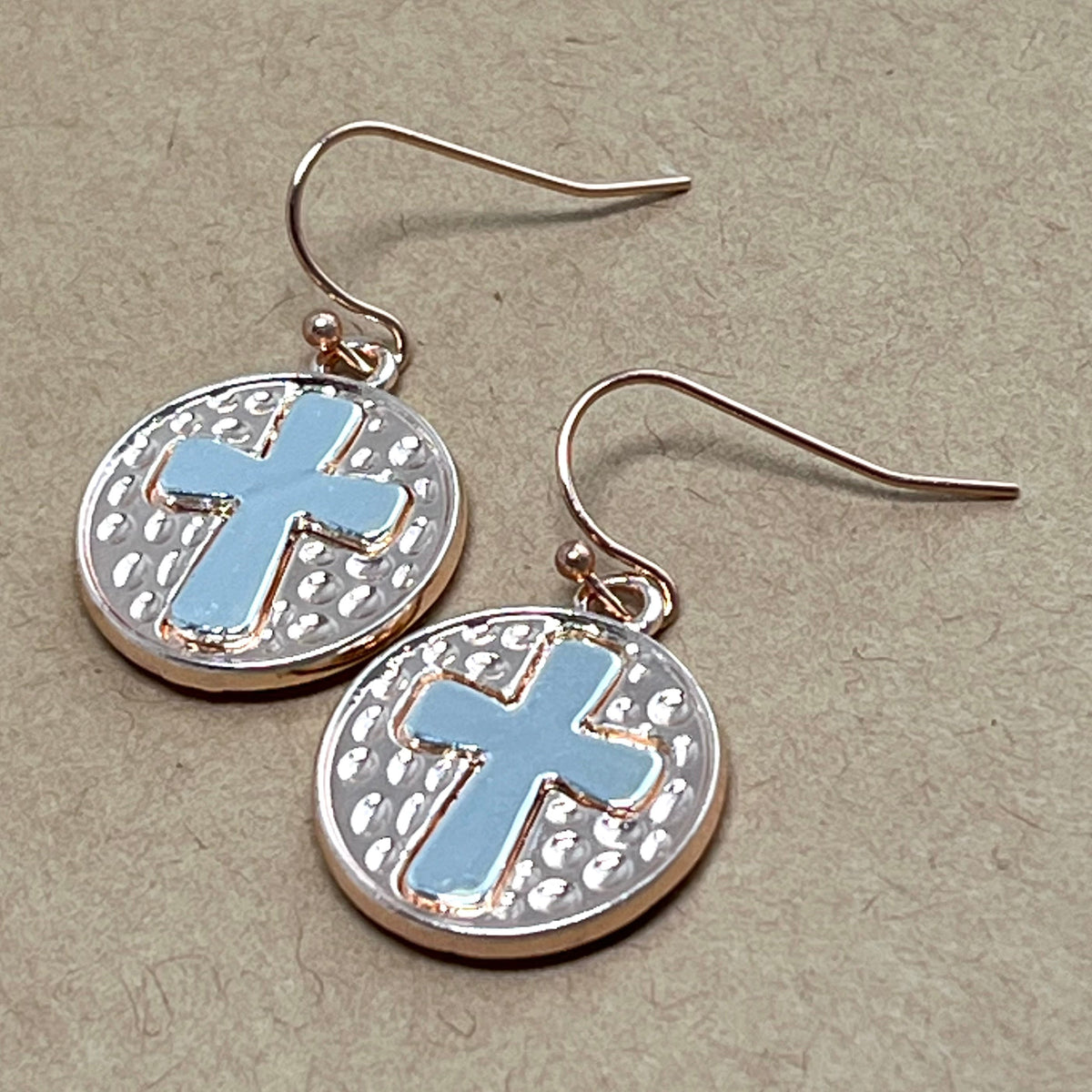 Silver Cross Earrings on Rose Gold Circle