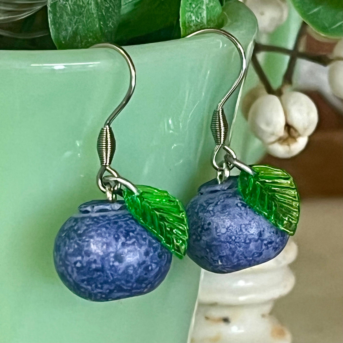 Blueberry Earrings with Leaf Beads