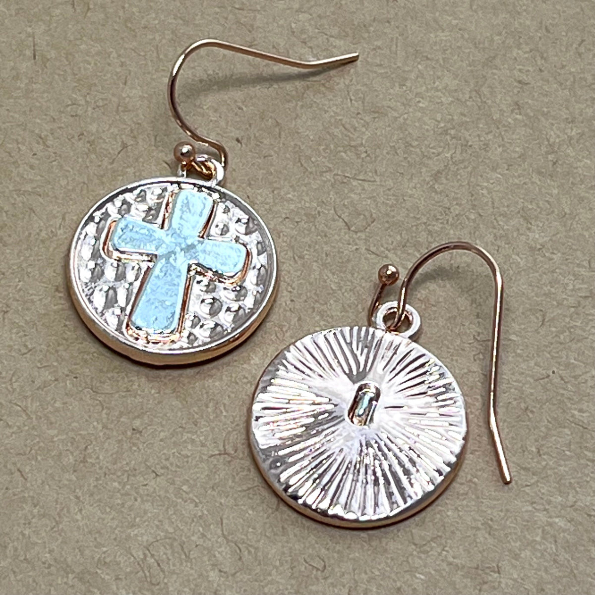 Silver Cross Earrings on Rose Gold Circle