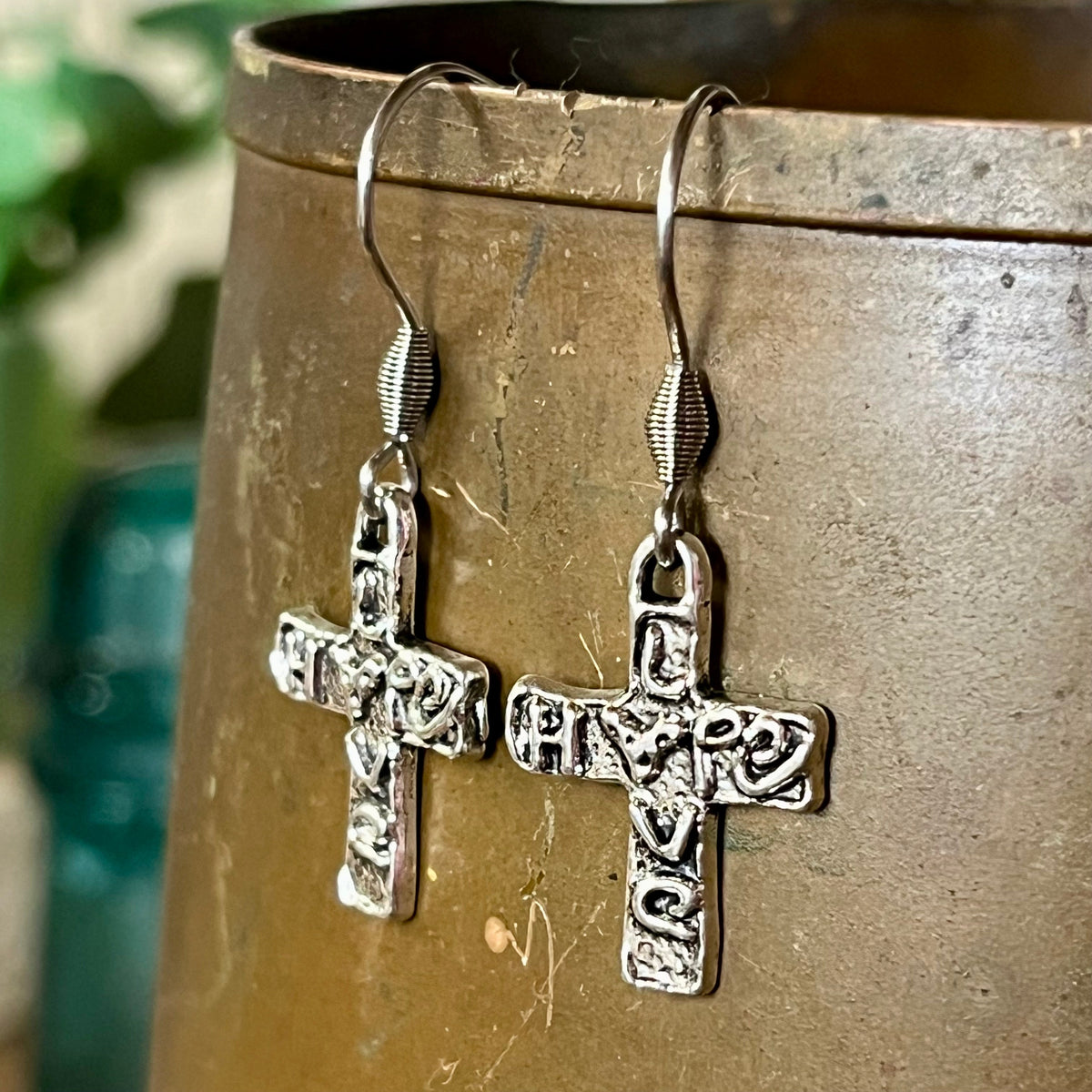 Artisan Silver Cross Earrings, Hope & Love