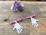 Handmade Hoop Earrings, Pink Vinyl Beads, Aluminum Hand Charms