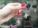 Handmade Hoop Earrings, Pink Vinyl Beads, Aluminum Hand Charms