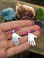 Handmade Hoop Earrings, Pink Vinyl Beads, Aluminum Hand Charms