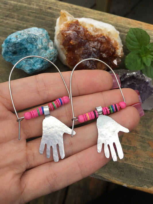 Handmade Hoop Earrings, Pink Vinyl Beads, Aluminum Hand Charms