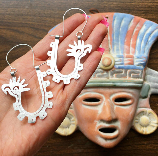 Handmade Mayan Glyph Hoop Earrings: Bird Design