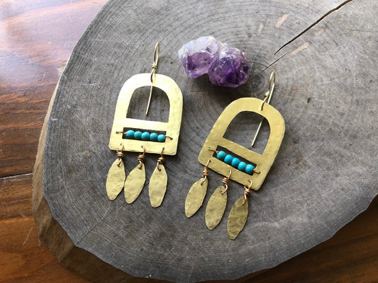 Handmade Genuine Turquoise  & Brass Fringe Earrings