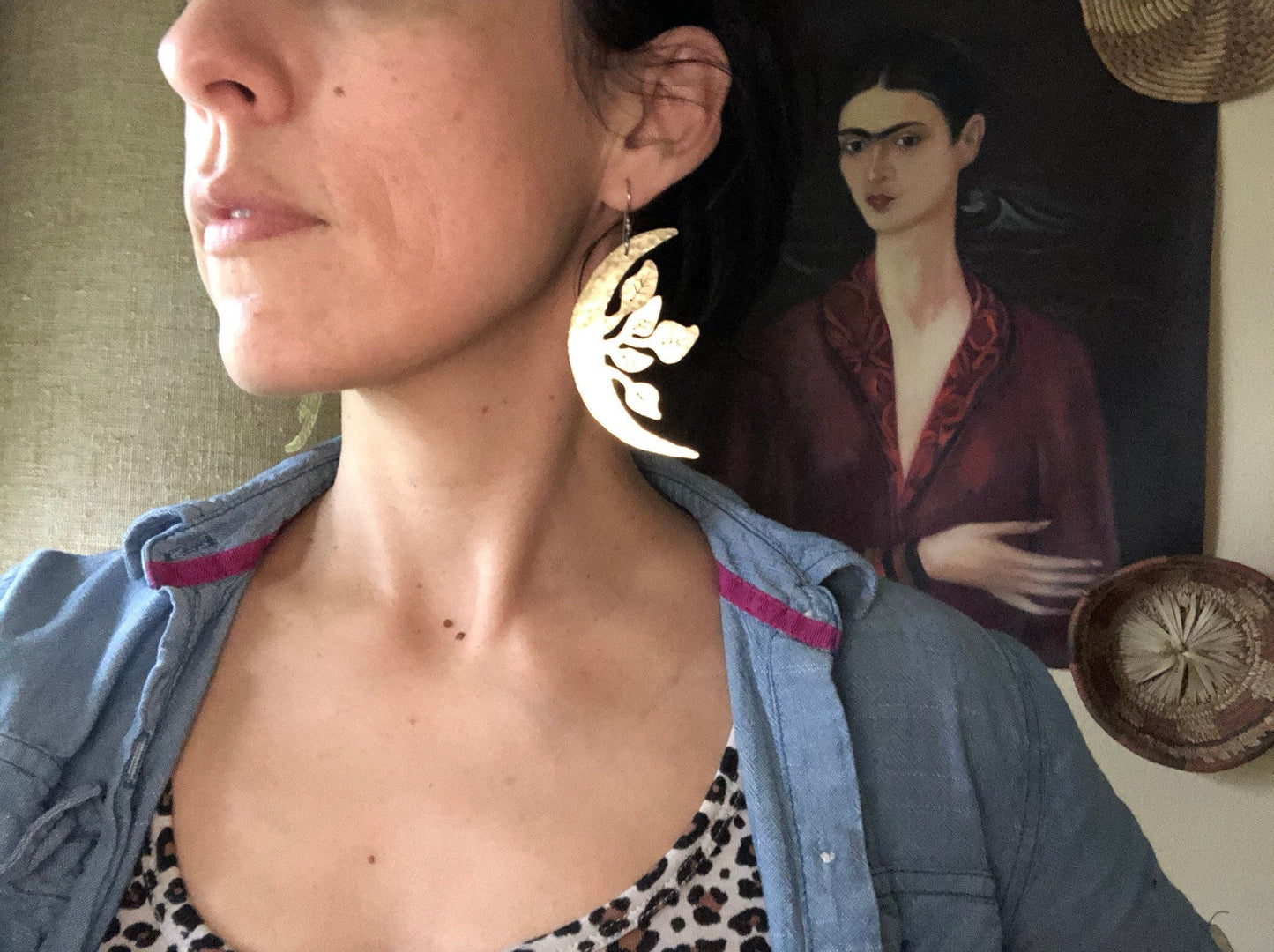 crescent moon and leaf earrings, Luna garden earrings