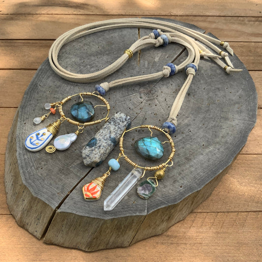 Handmade Ceramic Bead Necklace: Labradorite, Ruby, Opal, Vegan Suede