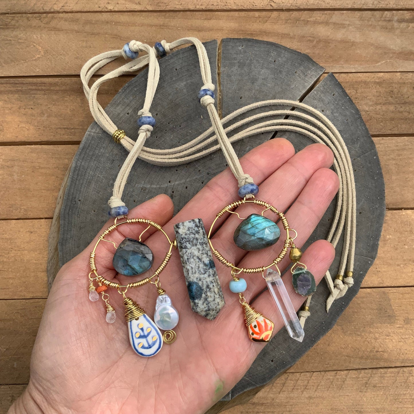 Handmade Ceramic Bead Necklace: Labradorite, Ruby, Opal, Vegan Suede