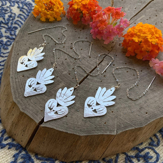 Milagro Sacred Heart Threader Earrings: Handmade Aluminum Dangle